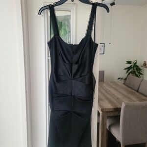 BCBGMaxAzria Black Satin Sheath Dress with Lace Straps